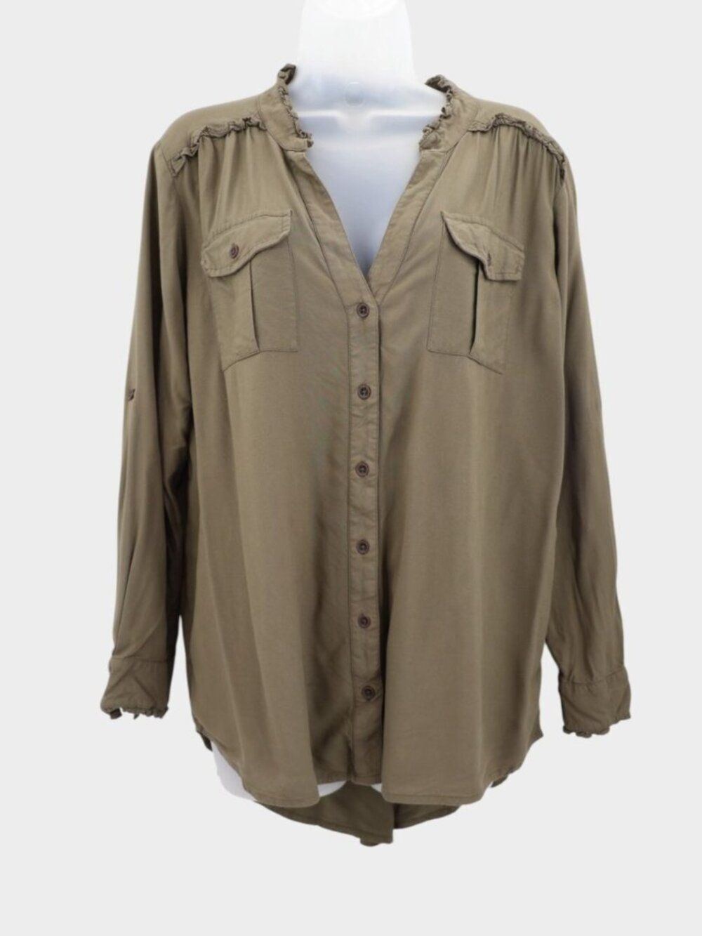 Sundance Femme Militaire Ruffle Trim Button Down Long Sleeve Blouse Top Medium